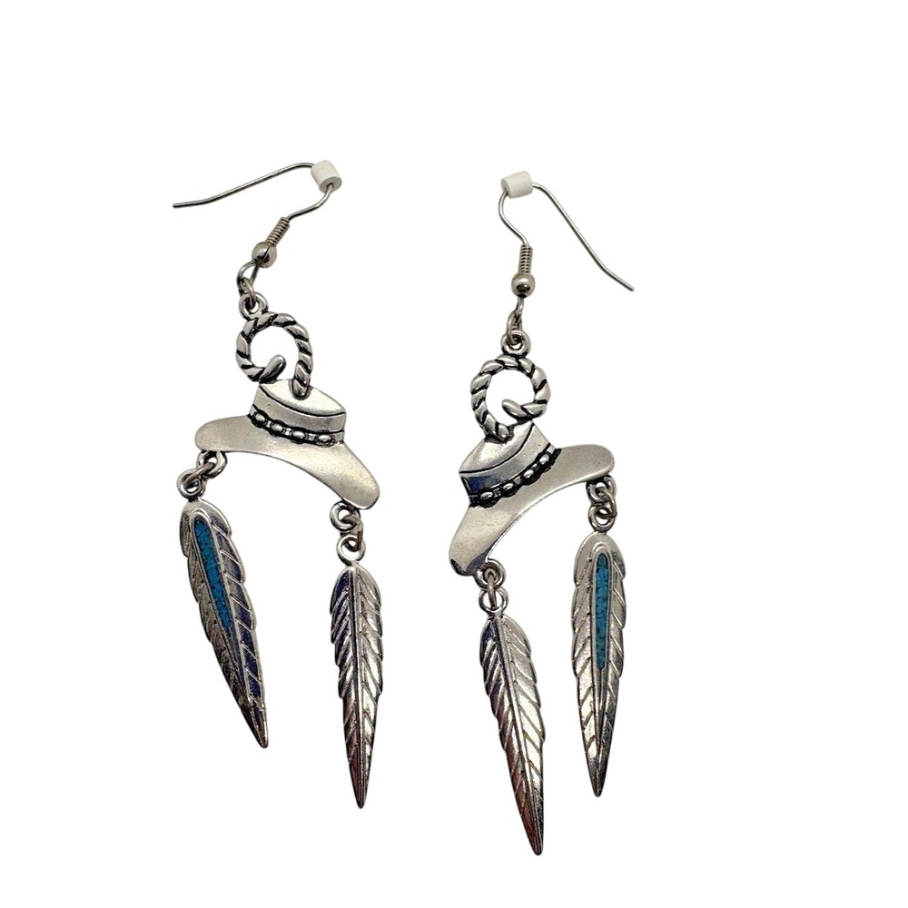Vintage Southwestern Crushed Turquoise Feather Dangle Earrings‎ SW '92 3.25"